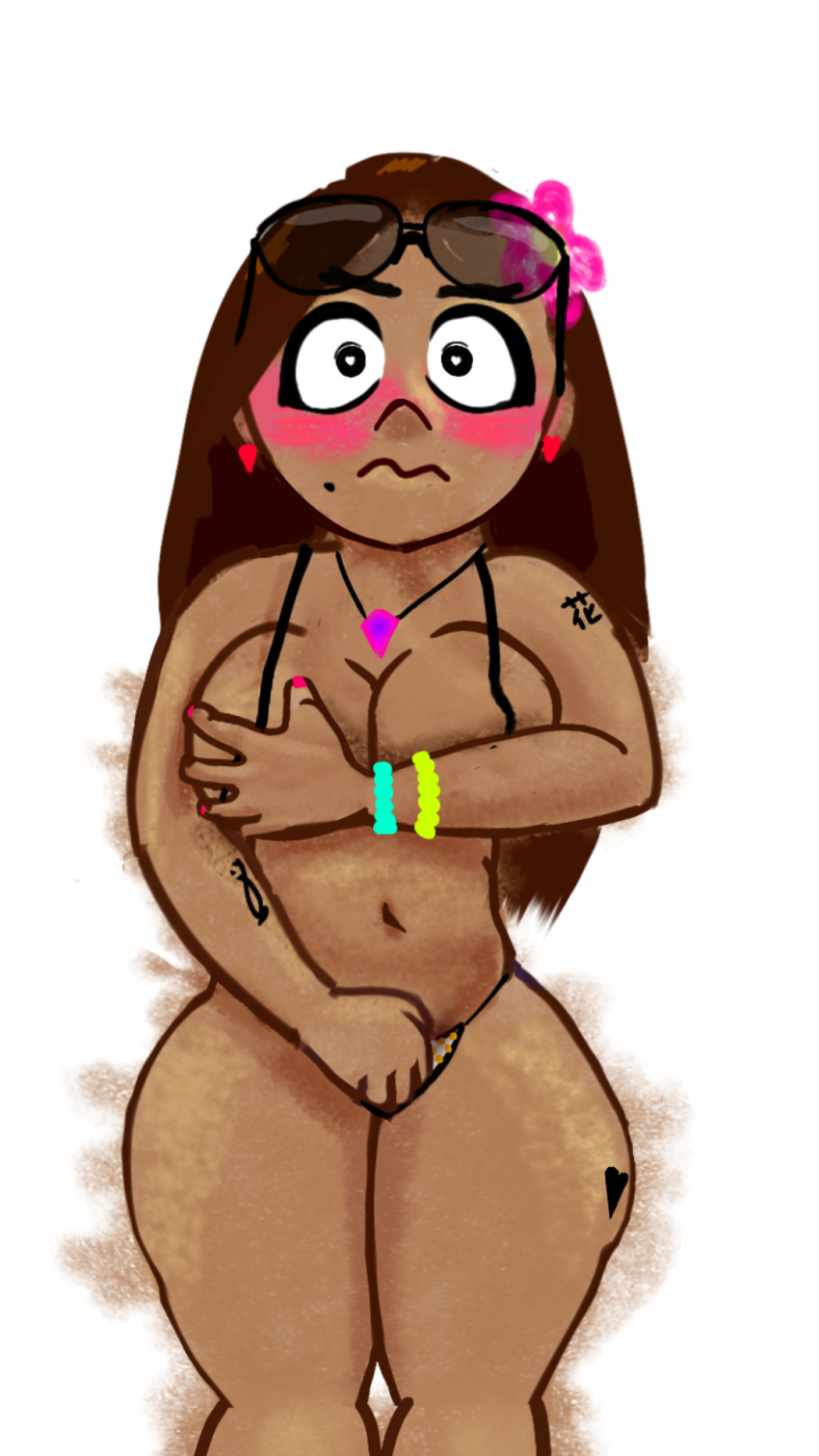 big_ass big_breasts brown_hair shamed_face small_bikini