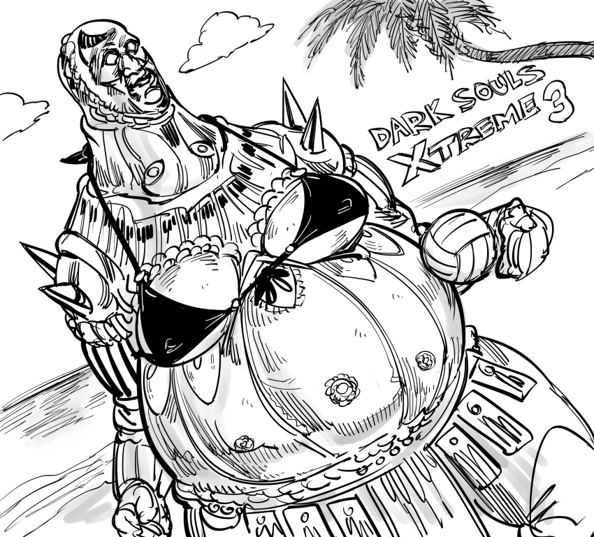 armor bb_(baalbuddy) beach bikini bikini_top breasts dark_souls dead_or_alive dead_or_alive_xtreme_beach_volleyball executioner_smough fromsoftware funny helmet male male_only masked masked_male monochrome moobs parody sketch solo volleyball