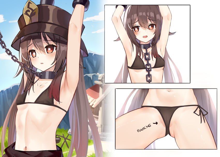 1girls armpits arms_up bare_shoulders belly belly_button bikini bikini_bottom bikini_top black_bikini black_bikini_bottom black_bikini_top blush body_writing bondage breasts brown_hair cameltoe chain_leash chained chains collar collarbone enslaved female female_focus female_only flower_shaped_pupils genshin_impact hat headwear hu_tao_(genshin_impact) leash long_hair midriff navel open_mouth panties red_eyes sakutaishi sex_slave slave slavegirl small_breasts solo solo_female solo_focus stomach symbol-shaped_pupils twintails zds