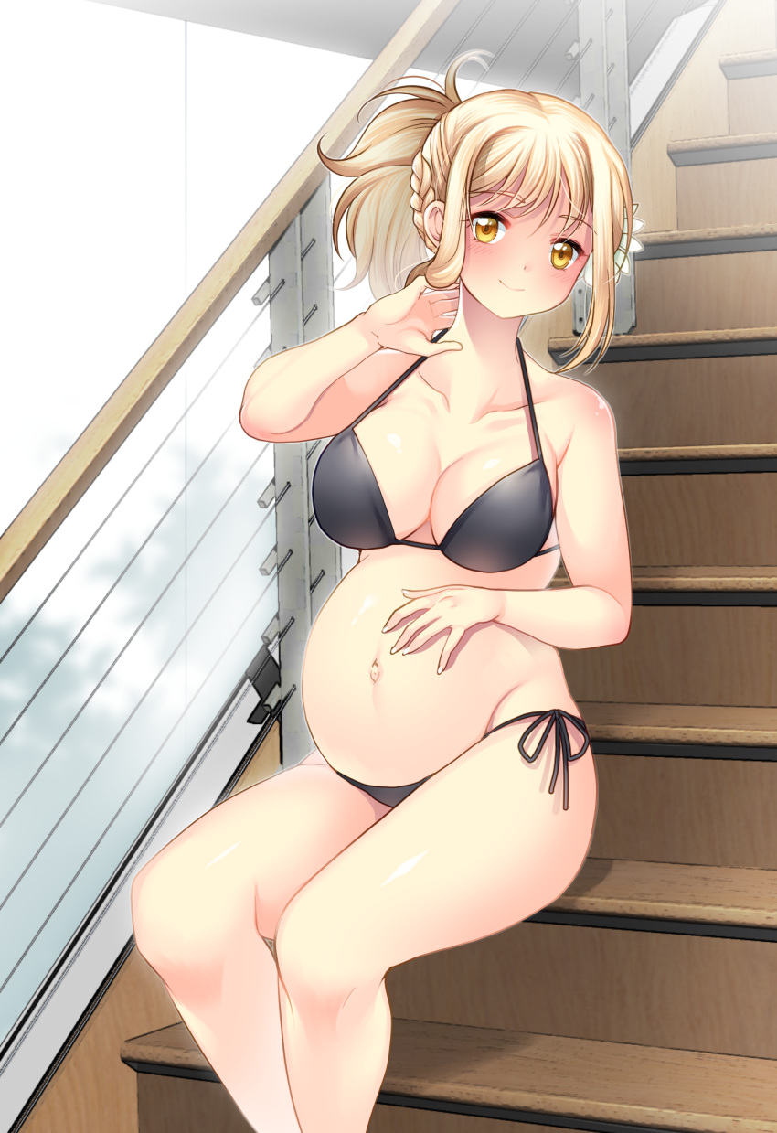 big_breasts bikini black_bikini blonde_hair blush cleavage female female_only flower_in_hair hand_on_belly kishimen_(siruzakura) looking_at_viewer love_live! love_live!_nijigasaki_high_school_idol_club miyashita_ai ponytail pregnant side-tie_bikini siruzakura sitting smile solo swimsuit yellow_eyes