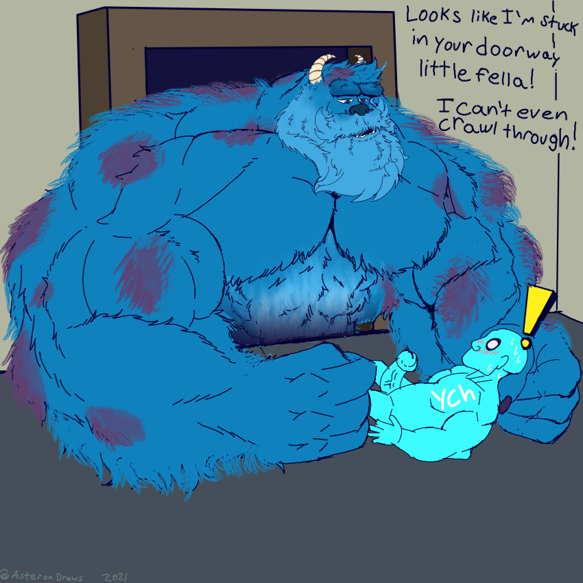 ! 1:1 2boys absurd_res bara beard big_muscles blue_body blue_fur blush disney duo english_text erect_penis erection exclamation_point facial_hair fur gay genitals hi_res horn human long_beard male male/male male_only mammal monster monsters_inc moustache muscular muscular_male penis pixar pokenerd8 size_difference stuck sulley text veiny_penis yaoi ych_(character)