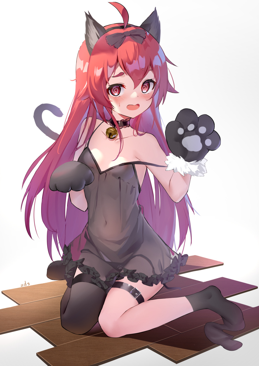 1girls ahoge bare_shoulders bell bell_collar belly belly_button black_dress black_leggings black_legwear black_nightgown black_panties black_pantyhose black_pawpads blush bow breasts cat_ears cat_girl cat_paws catgirl choker collar collarbone dress eris_greyrat female female_focus female_only gloves headgear headwear leggings legwear long_hair mittens mushoku_tensei navel nightgown nipples panties pantyhose paw_gloves paw_pose pawpads paws petite red_eyes red_hair sakutaishi see-through see-through_clothing simple_background small_breasts solo solo_female solo_focus stomach white_background zds