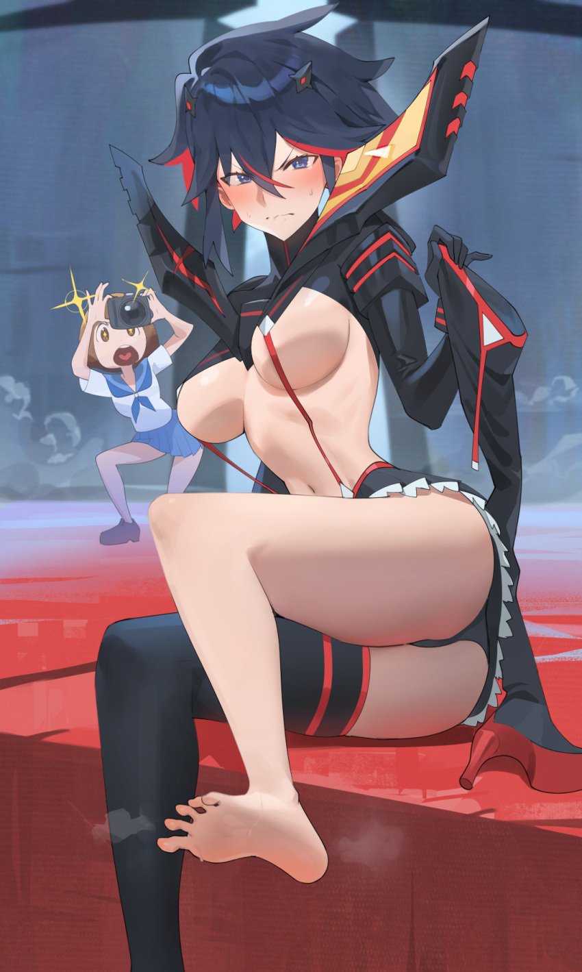 2girls ass bangs black_hair blue_eyes blush boots breasts brown_eyes brown_hair embarrassed feet female_only hi_res high_heels highres hood_x_art kill_la_kill looking_at_viewer mankanshoku_mako matoi_ryuuko multicolored_hair multiple_girls senketsu short_hair sweat thigh_boots thighhighs thighs toes underboob