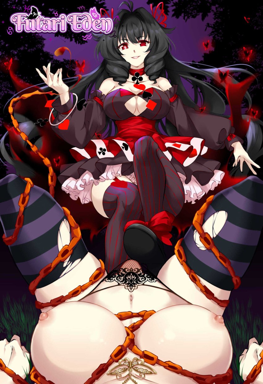 black_hair breasts butterfly_hair_ornament butterfly_necklace chains collar damaged_clothes defeat defeated defeated_heroine dress flaccid flaccid_cock flaccid_penis footjob footjob_with_footwear futa_on_futa futanari futari_eden game_cg hair_ornament heart lingerie_panties logo lostia_works lostiaworks magic malice_eden painted_nails queen_scoria red_eyes ribbon scorpio_(symbol) striped_legwear striped_stockings submissive_pov xia00nahayo