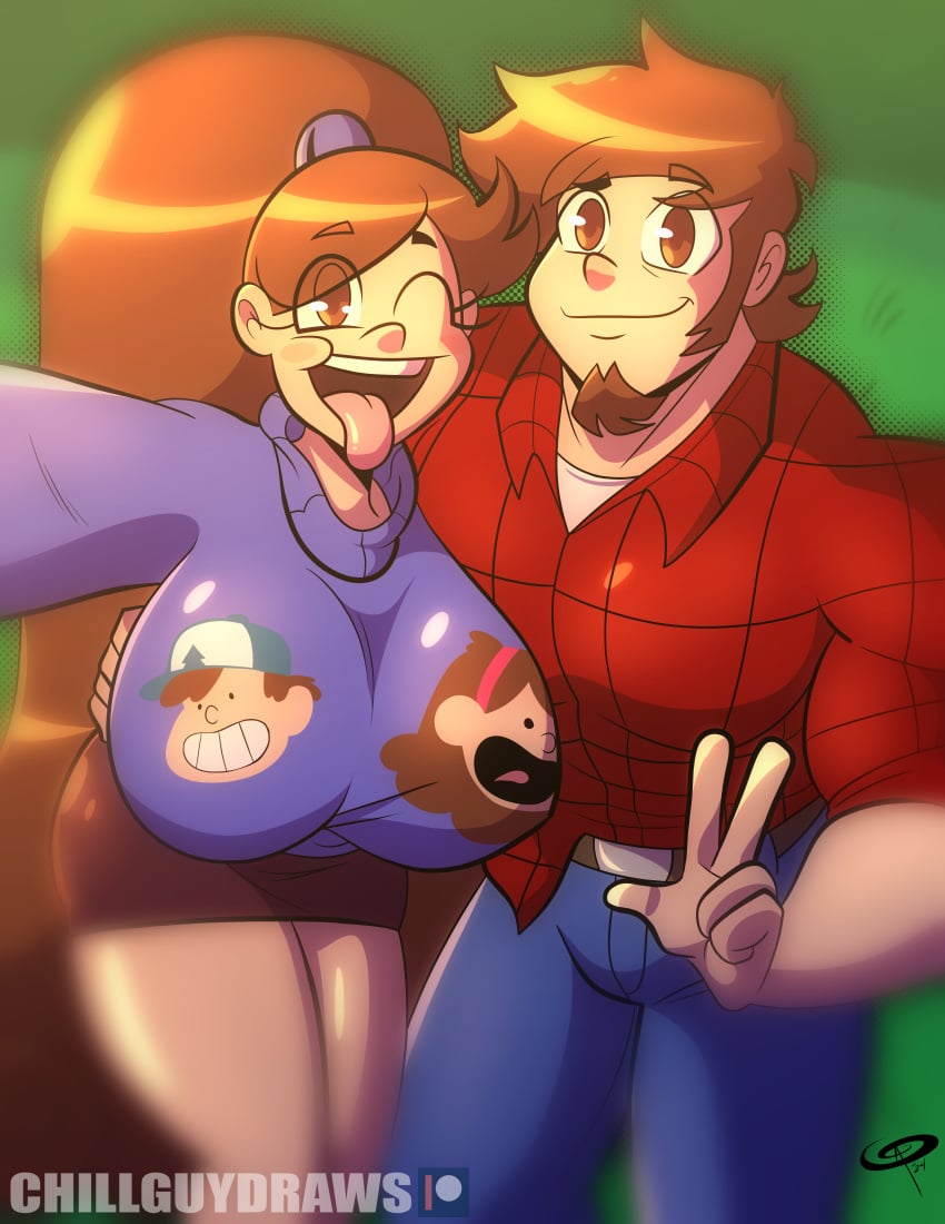 1boy 1girls aged_up beard big_breasts breasts brother_and_sister brown_eyes brown_hair clothed dipper_pines disney disney_channel female frostbiteboi gravity_falls huge_breasts mabel_pines male mouth_open no_sex not_incest not_porn one_eye_closed peace_sign ponytail siblings smile smiling taking_picture taking_selfie thicc-verse tongue tongue_out wholesome wink winking