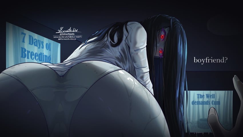 ass background big_ass black_hair color colored doktor_malefic facesitting female female_focus femdom ghost ghost_girl glowing_eyes long_hair looking_at_viewer looking_back nightmare_waifu pale-skinned_female pale_skin panties pov red_eyes text the_ring wet wet_clothes wet_clothing yamamura_sadako