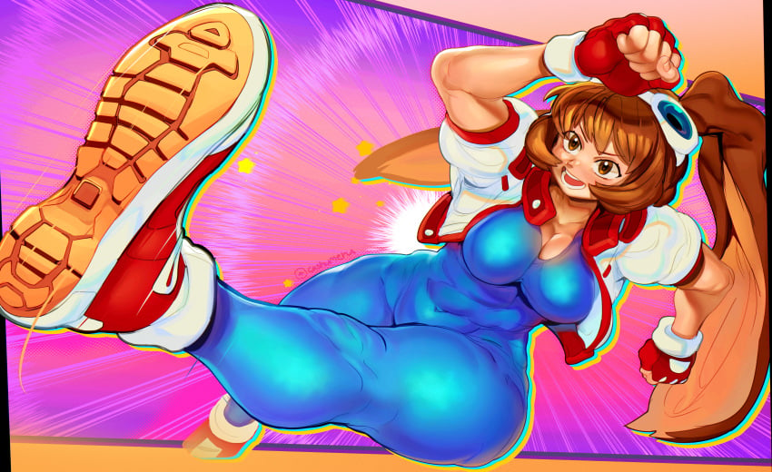 animal_ears arina_makihara breasts brown_hair cashumeru female fingerless_gloves kicking makihara_arina open_jacket short_hair signature sneakers solo thick_thighs thighs unitard voluptuous voluptuous_female waku_waku_7 wide_hips