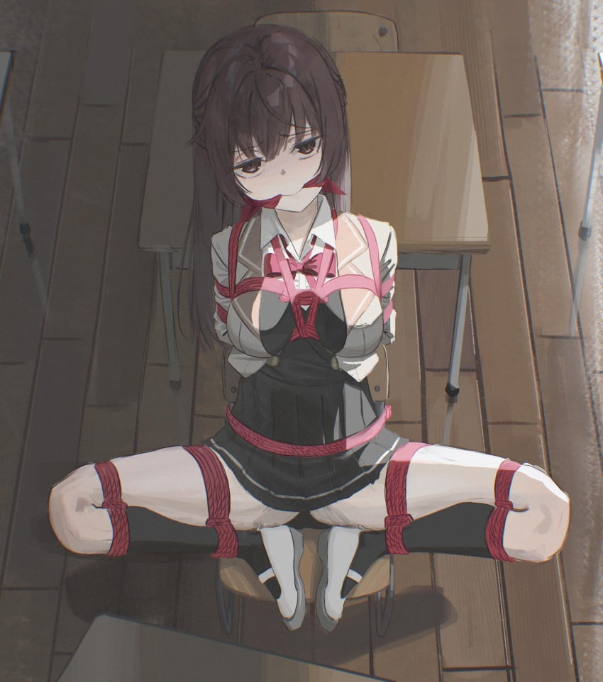 absurdres bondage brown_eyes brown_hair cailin020 female gag highres looking_at_viewer restrained school school_uniform shibari_over_clothes suou_yuki thighhighs tokidoki_bosotto_roshia-go_de_dereru_tonari_no_alya-san