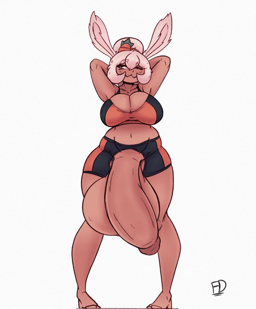 1futa :3 animal_ears balls big_breasts bunny_ears bunny_girl cleavage cleavage_overflow clothed clothing cock crop_top dark-skinned_futanari dark_skin dark_skinned_female dark_skinned_futanari exercise_clothing fiffer flaccid futa_only futanari hands_behind_head headband huge_balls huge_cock humanoid hyper_balls hyper_penis kemonomimi lagomorph_humanoid large_breasts orange_eyes original_character partially_clothed presenting presenting_penis smug solo standing thick_thighs white_hair wink