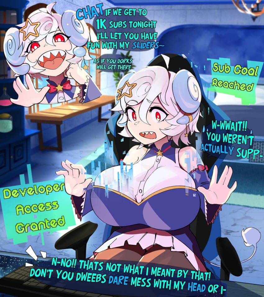 1girls big_breasts breast_expansion breasts female female_only gigantic_breasts grimmy horns huge_breasts light-skinned_female light_skin muzu_nomi red_eyes sharp_teeth shortstack skin_tight slider solo tail the_varking virtual_youtuber white_hair