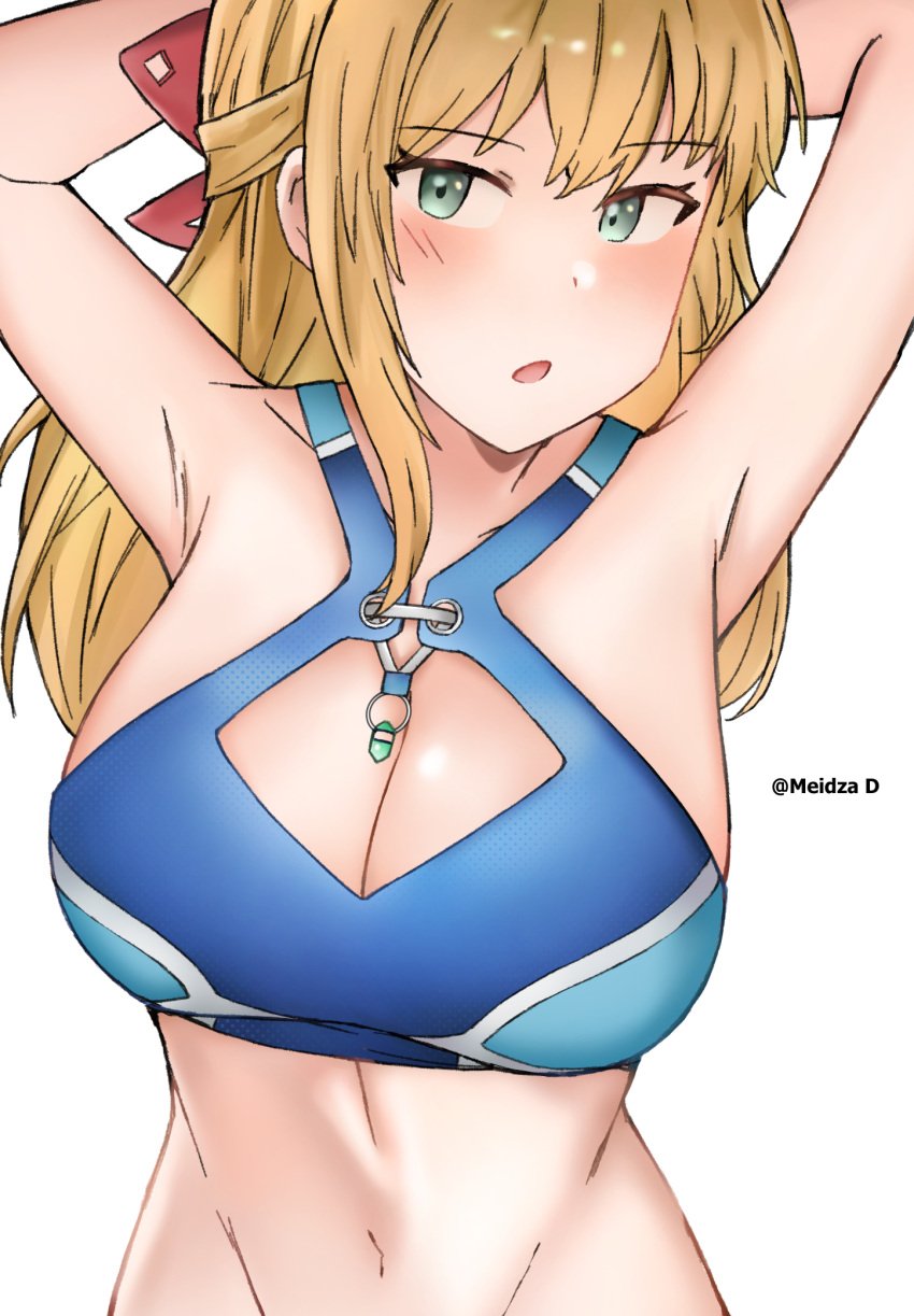 arms_up big_breasts bikini blonde_hair blush breasts cleavage fiora_(xenoblade) green_eyes meidza_d tagme xenoblade_(series) xenoblade_chronicles