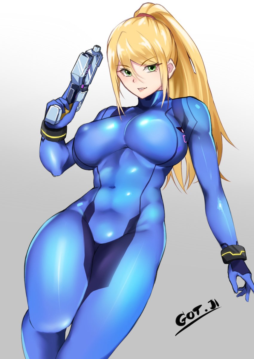 1girls big_breasts blonde_hair blue_eyes bodysuit breasts female gojich1 gun huge_breasts large_breasts metroid nintendo nipple_bulge samus_aran skin_tight solo solo_female thick_thighs thighs weapon zero_suit zero_suit_samus