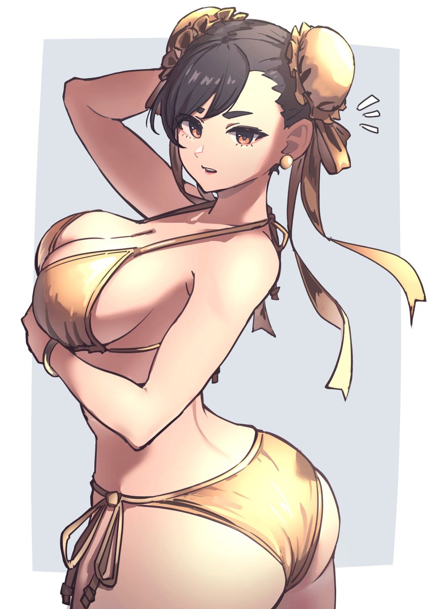 1girls ap_cammy asian asian_female ass big_breasts bikini brown_hair chun-li ear_piercing earrings gold_(metal) gold_bikini golden_bikini hair_bun hair_ornament looking_at_viewer open_mouth side-tie_bikini sideboob solo street_fighter swimwear white_background yellow_eyes