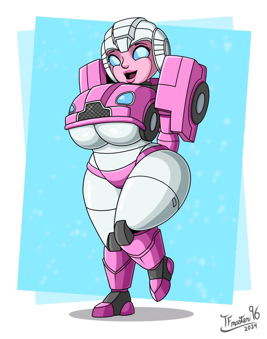 arcee arcee_(g1) big_breasts blue_background blue_eyes breasts hands_behind_back legs_crossed legs_together midget panties pink_skin pinup robot robot_girl robot_humanoid short_stack shortstack smaller_female smile tfmaster96 thicc thick_legs thick_thighs transformers transformers_g1 underboob white_skin