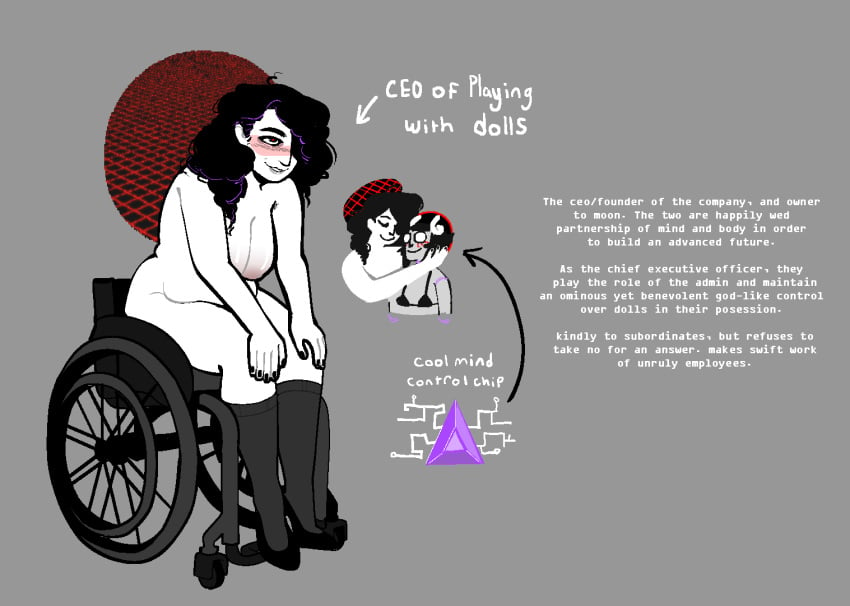 black_hair femdom glowing_eyes high_heels original red_eyes soldierexclipse tagme tech_control text wheelchair