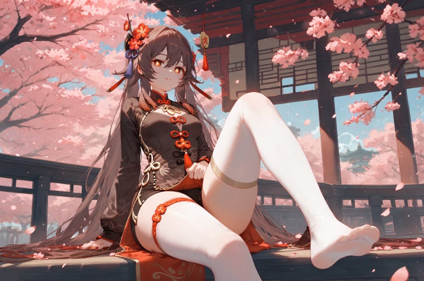 absurd_res ai_generated architecture black_nails black_shorts blue_sky breasts brown_hair brown_shirt cherry_blossoms chinese_clothes cloud day east_asian_architecture feet female genshin_impact hu_tao_(genshin_impact) legs long_sleeves ministro nail_polish no_shoes outdoors petals short_shorts shorts sitting sky solo tassel thighhighs thighs toes tree white_thighhighs