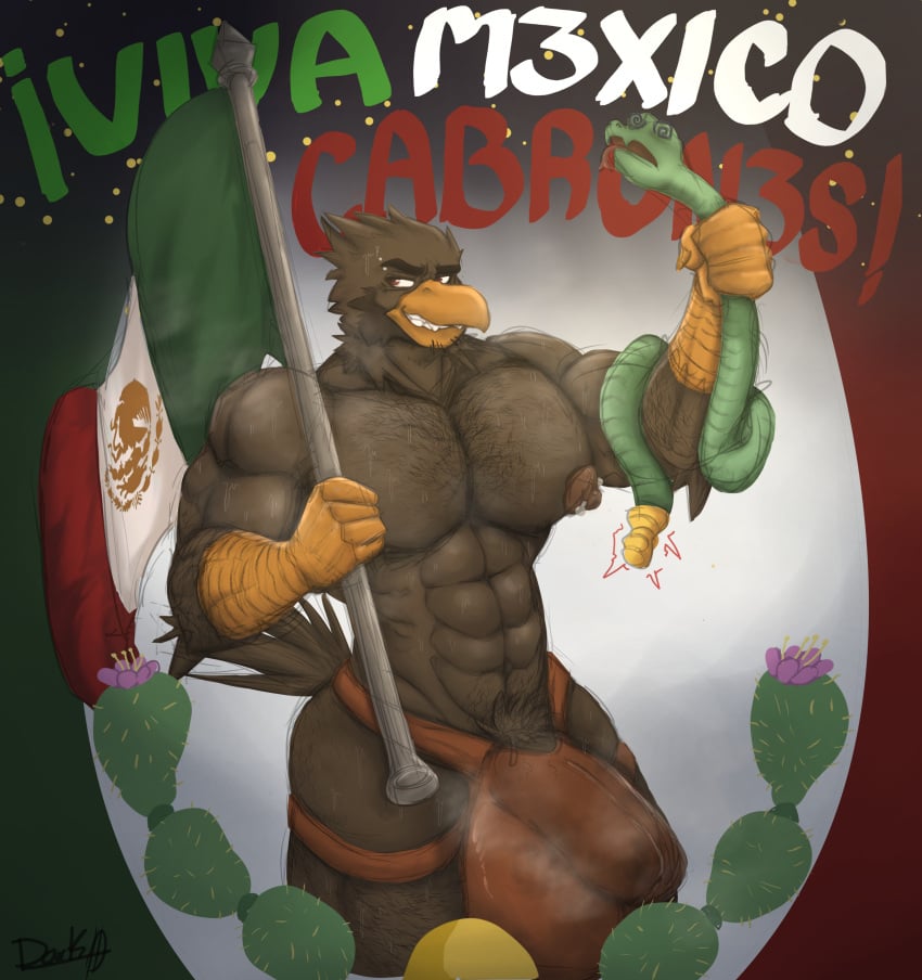 absurd_res accipitrid accipitriform aguila_real_mexicana anthro arm_hair avian balls beak big_bugle big_muscles big_pecs bird bodily_fluids body_hair chest_hair clothed clothing dark_wolf dia_de_la_independencia_de_mexico digital_art digital_drawing digital_media eagle erection facial_hair flag flag_(object) fur genitals hair hairy hi_res holidays humanoid latin_text latino male mammal mexican mexican_flag muscular muscular_anthro muscular_male musk musk_clouds musk_fetish musky_balls nipples nude pecs penis pubes reptile saggy_balls scalie simple_background snake solo spanish spanish_text sweat sweatdrop text