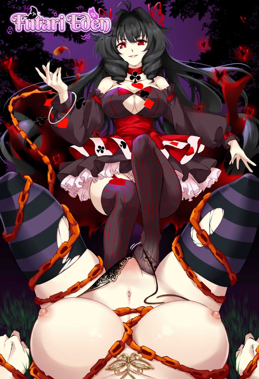 black_hair breasts butterfly_hair_ornament butterfly_necklace chains collar damaged_clothes defeat defeated defeated_heroine dress feet flaccid flaccid_cock flaccid_penis foot_fetish footjob futa_on_futa futanari futari_eden game_cg hair_ornament heart lingerie_panties logo lostia_works lostiaworks magic malice_eden painted_nails queen_scoria red_eyes ribbon scorpio_(symbol) stockings striped_legwear striped_stockings submissive_pov undressing xia00nahayo