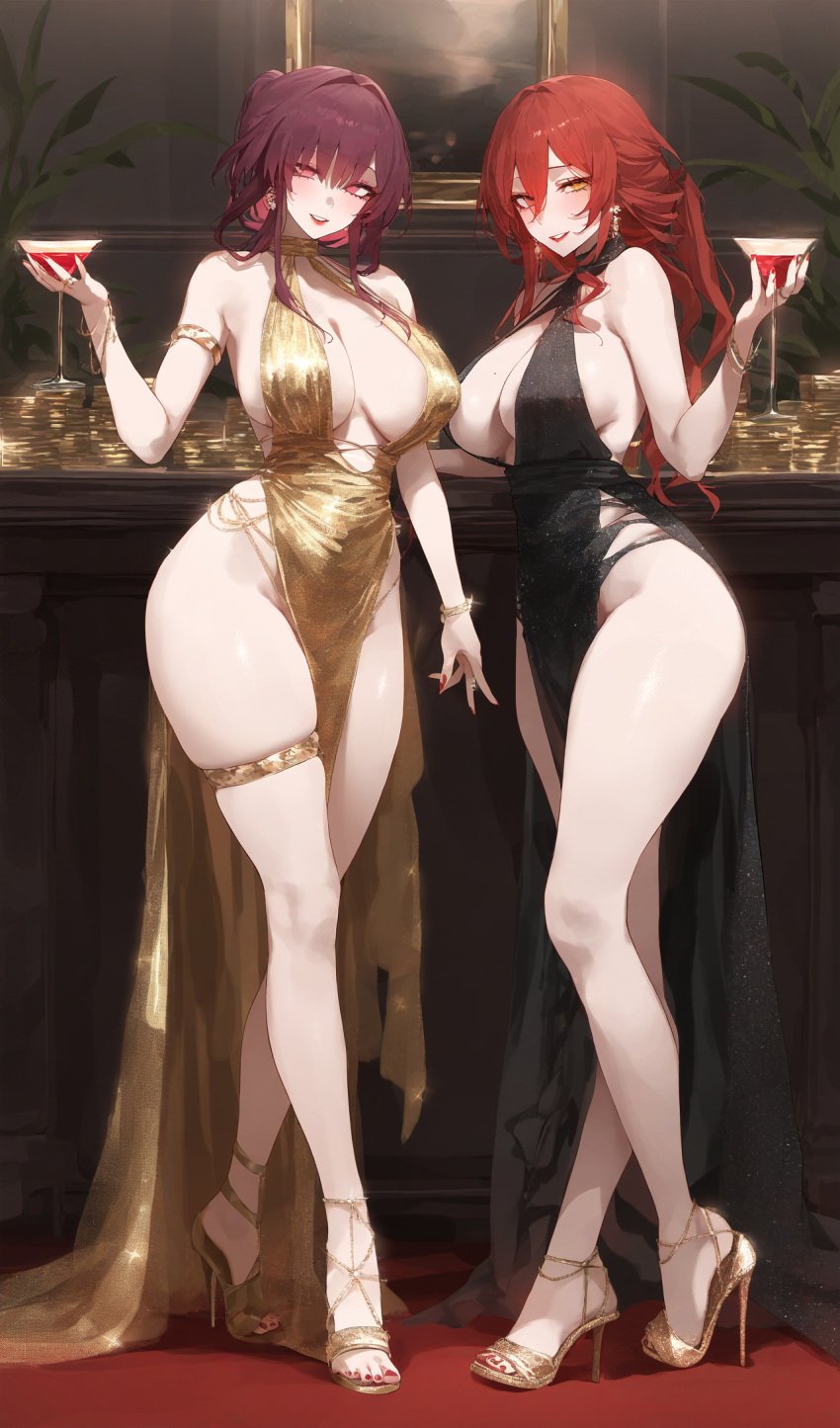 2girls ai_generated alcohol alternative_costume bangs bare_arms bare_legs bare_shoulders black_dress blush bracelet breasts champagne_flute cleavage clothing cocktail_dress cup curvaceous curvaceous_female curvaceous_figure curvy curvy_figure dress drink drinking_glass evening_gown feet female female_focus foe_(artist) footwear gold_footwear hair_between_eyes high_heels himeko_(honkai:_star_rail) holding holding_cup honkai:_star_rail indoors inviting jewelry kafka_(honkai:_star_rail) large_breasts legs long_hair looking_at_viewer mole_on_breast multiple_girls murata_himeko nail_polish no_bra open_mouth parted_lips pelvic_curtain ponytail purple_hair red_eyes red_hair red_lips red_nails seductive seductive_look seductive_smile shoes sideboob sleeveless_dress smile standing thigh_strap thighlet thighs toenail_polish toenails toes very_long_hair voluptuous voluptuous_female wine wine_glass yellow_eyes