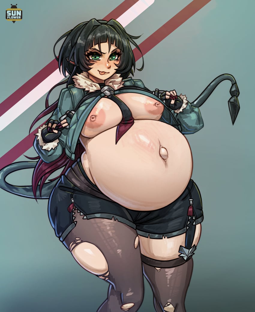 :p huge_belly hyper_belly jane_doe_(zenless_zone_zero) large_breasts logo open_clothes outie_navel pregnant ripped_thighhighs sunflower_art thick_thighs thighhighs v-shaped_eyebrows wide_hips zenless_zone_zero