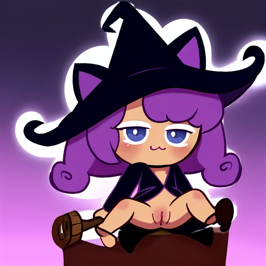 ai_generated blush blushing_profusely catgirl cookie_run cute female looking_at_viewer pussy sitting solo witch witch_hat witchberry_cookie