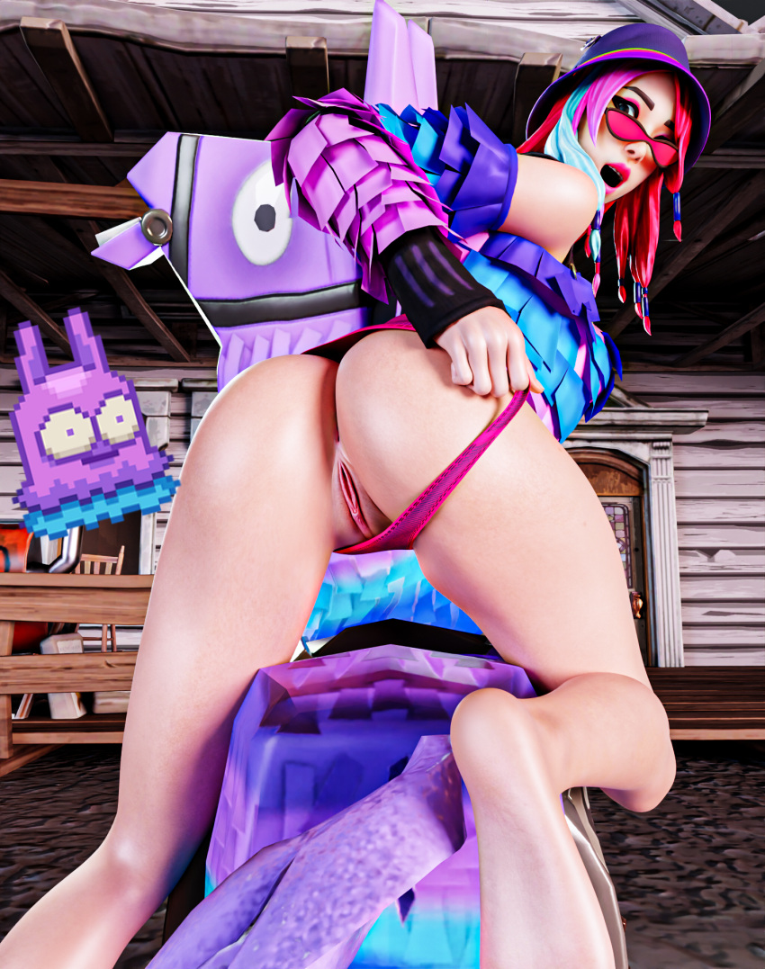 3d 3d_(artwork) arm_gloves epic_games feet flashing_pussy fortnite fortnite:_battle_royale glasses hat impressed lana_llane_(fortnite) looking_over_eyewear looking_over_sunglasses loot_llama outdoors panties showing_ass showing_pussy sunglasses tinted_eyewear wooden_floor