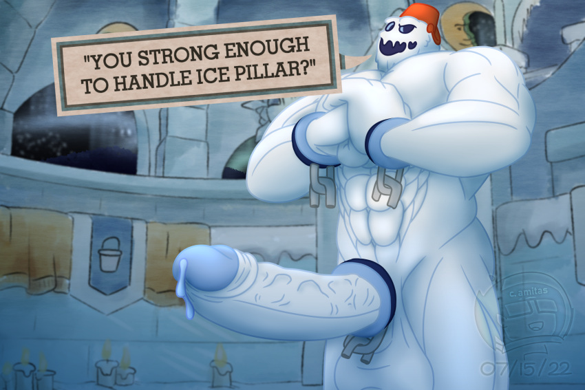 1boy cuphead:_the_delicious_last_course cuphead_(game) dialogue english_text hyper_penis iwtbat_(artist) male male_only muscular muscular_male snow_monster_(cuphead)