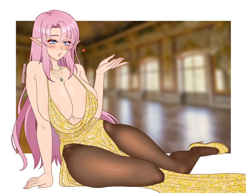 1girls areola_slip arm_support artist_name big_breasts blowing_kiss blue_eyes blush breasts busty cleavage dress elf feet gold_dress heart high_heels highres jewelry large_breasts legs necklace original parted_lips pelvic_curtain pink_lips pointy_ears sensual sitting solo thighs voluptuous