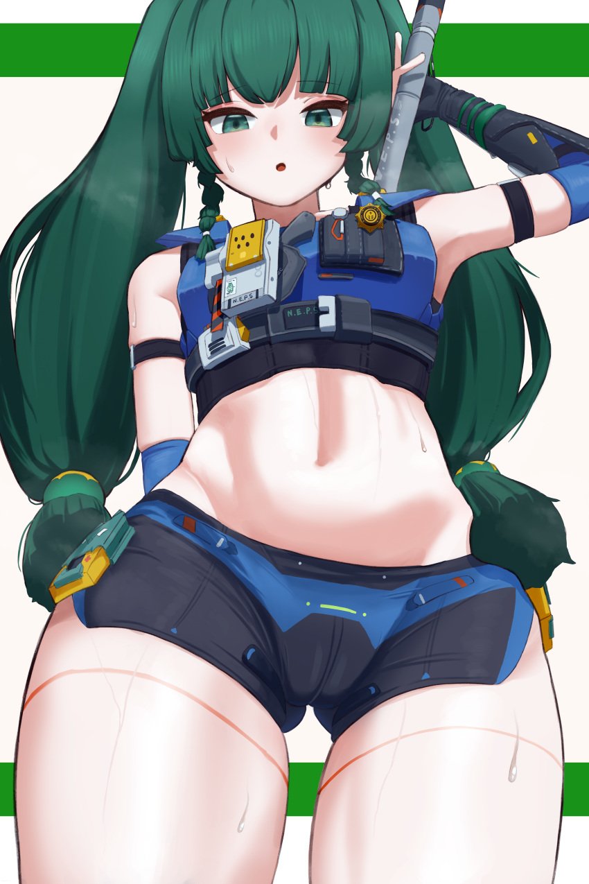 absurdres android black_gloves blush breasts female gloves green_eyes green_hair highres holding kanin_(powgg1) long_hair looking_at_viewer open_mouth police police_badge police_uniform qingyi_(zenless_zone_zero) robot_girl shorts solo twintails zenless_zone_zero