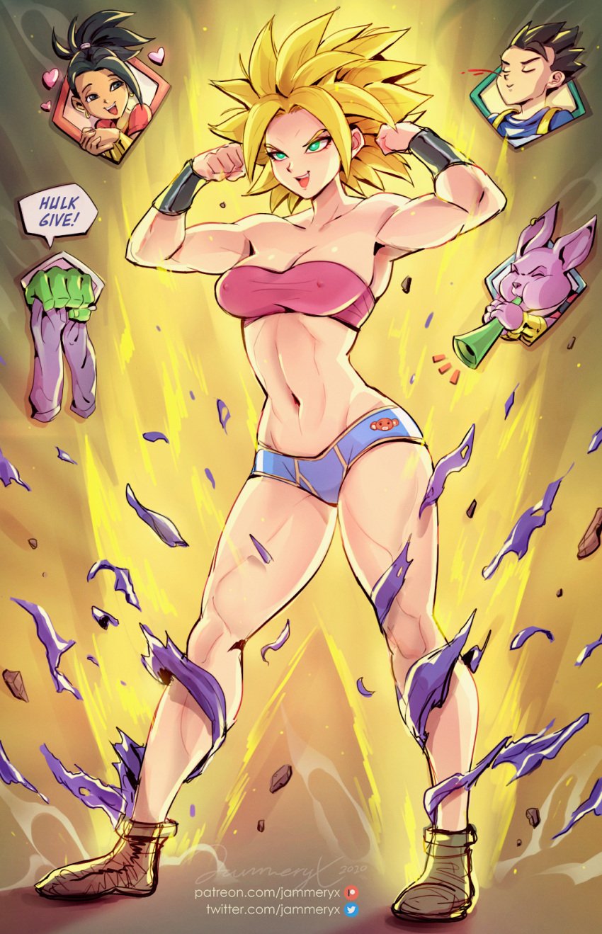 1girls blonde_hair breasts briefs cabba caulifla champa dragon_ball dragon_ball_super erect_nipples female flexing hard_nipples hulk jammeryx kale marvel marvel_comics muscular muscular_female ripped_pants solo_focus spiky_hair standing underwear universe universe_6/universe_7 universe_6_girls wardrobe_malfunction