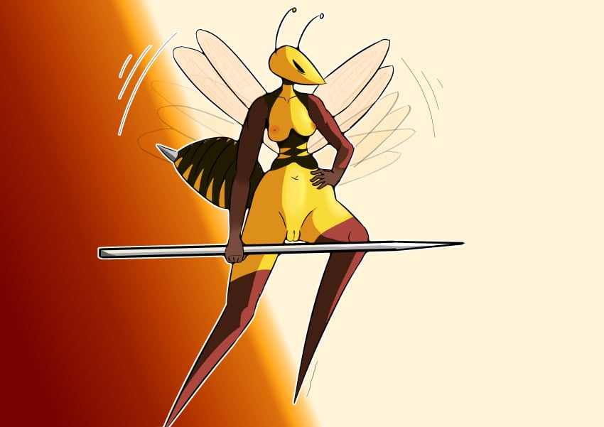 absurd_res anthro arthropod breasts female fingers genitals gradient_background hi_res hornet hymenopteran insects melee_weapon morfkey nude polearm pussy simple_background solo spear sting vespid wasp weapon wings yellow_body