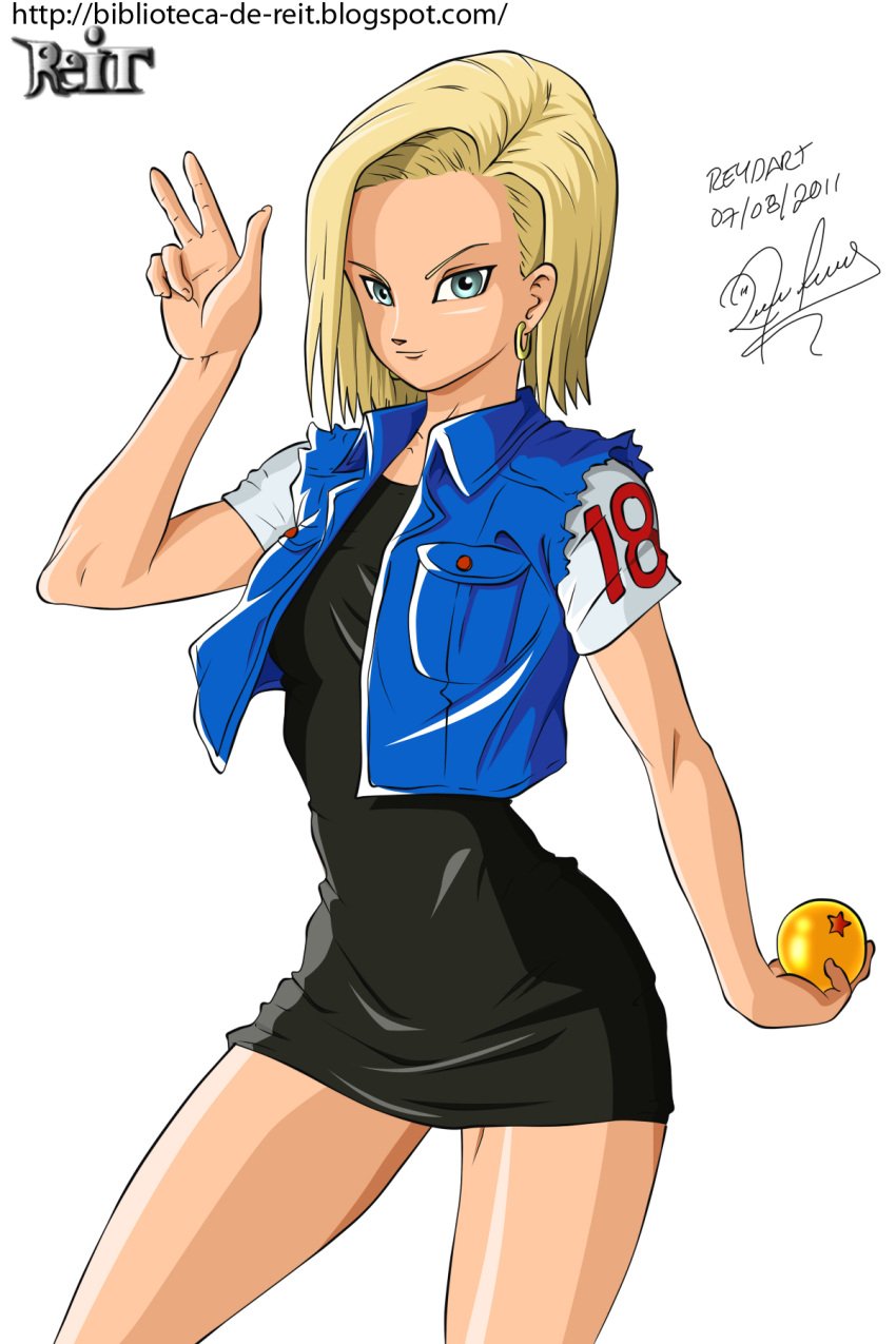 android_18 black_miniskirt blonde_female blonde_hair blue_eyes blue_vest cyborg cyborg_(designation) dragon_ball dragon_ball_super dragon_ball_z earrings looking_at_viewer miniskirt open_clothes red_ribbon_army reit shirt short_hair sleeveless_jacket t-shirt vest