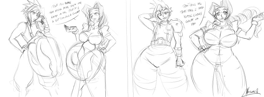 1boy 3girls aerith_gainsborough big_breasts breast_expansion breasts cleavage cloud_strife couple curvy_female digestion fatal_vore female_pred female_prey final_fantasy final_fantasy_vii huge_breasts male_pred multiple_preds natsumemetalsonic sketch square_enix thick_thighs thigh_expansion tifa_lockhart vore weight_gain wide_hips yuffie_kisaragi