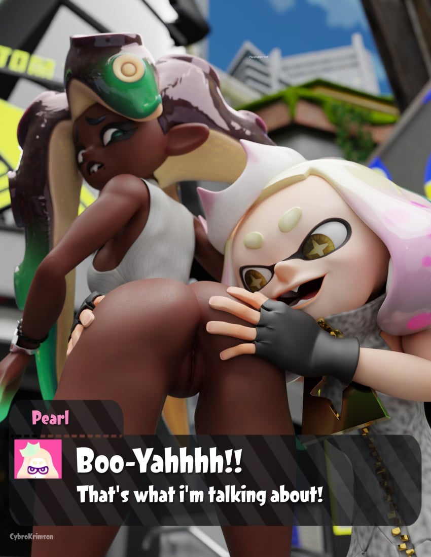 3d ass bubble_butt cybrokrimson dark-skinned_female dark_skin female female_only hands_on_ass light-skinned_female light_skin marina_(octo_expansion) marina_(splatoon) off_the_hook_(splatoon) pearl_(splatoon) splatoon text_box yuri