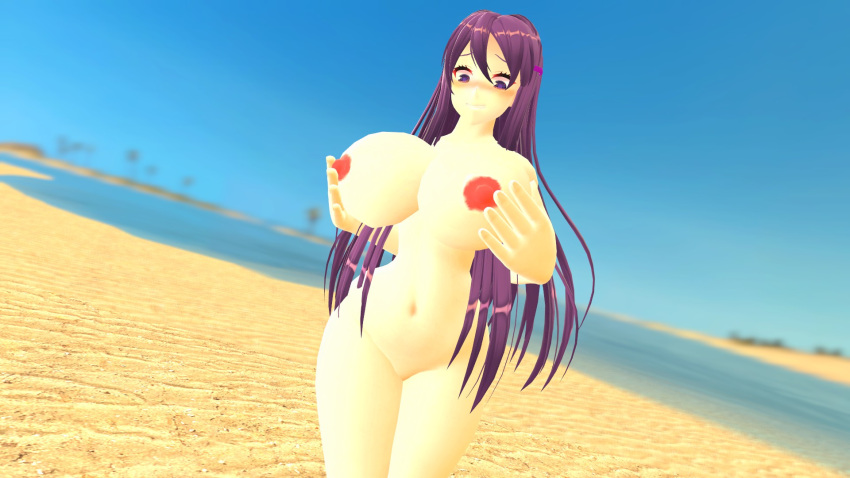 1female 1girls 3d 3d_(artwork) beach blush breasts completely_nude completely_nude_female doki_doki_literature_club female female_only garry's_mod long_hair naked naked_female nude nude_female nudity purple_eyes purple_hair solo solo_female yuri_(doki_doki_literature_club)