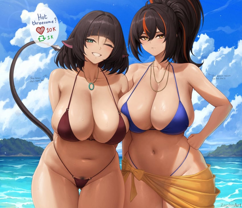 2girls animal_ears bikini black_hair breasts female hips huge_breasts jane_doe_(zenless_zone_zero) kemonomimi light-skinned_female light_skin long_hair medium_hair rat_ears rat_girl tail thick_thighs thighs wide_hips zaphn zenless_zone_zero zhu_yuan