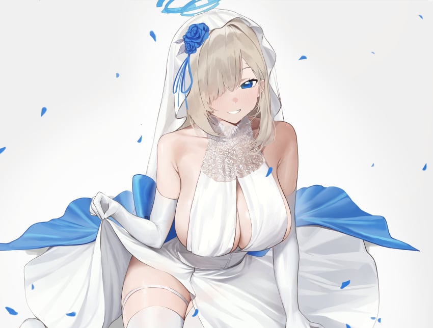 absurdres alternate_costume asuna_(blue_archive) asymmetrical_bangs bare_shoulders blonde_hair blue_archive blue_eyes blue_flower blue_halo blue_petals blue_rose blush breasts bridal_veil cleavage clothes_lift dress elbow_gloves falling_petals female flower gloves hair_over_one_eye halo halter_dress halterneck highres large_breasts long_hair not_forever2w open_mouth petals rose sideboob simple_background smile solo thigh_strap thighhighs veil white_background white_dress white_gloves white_thighhighs