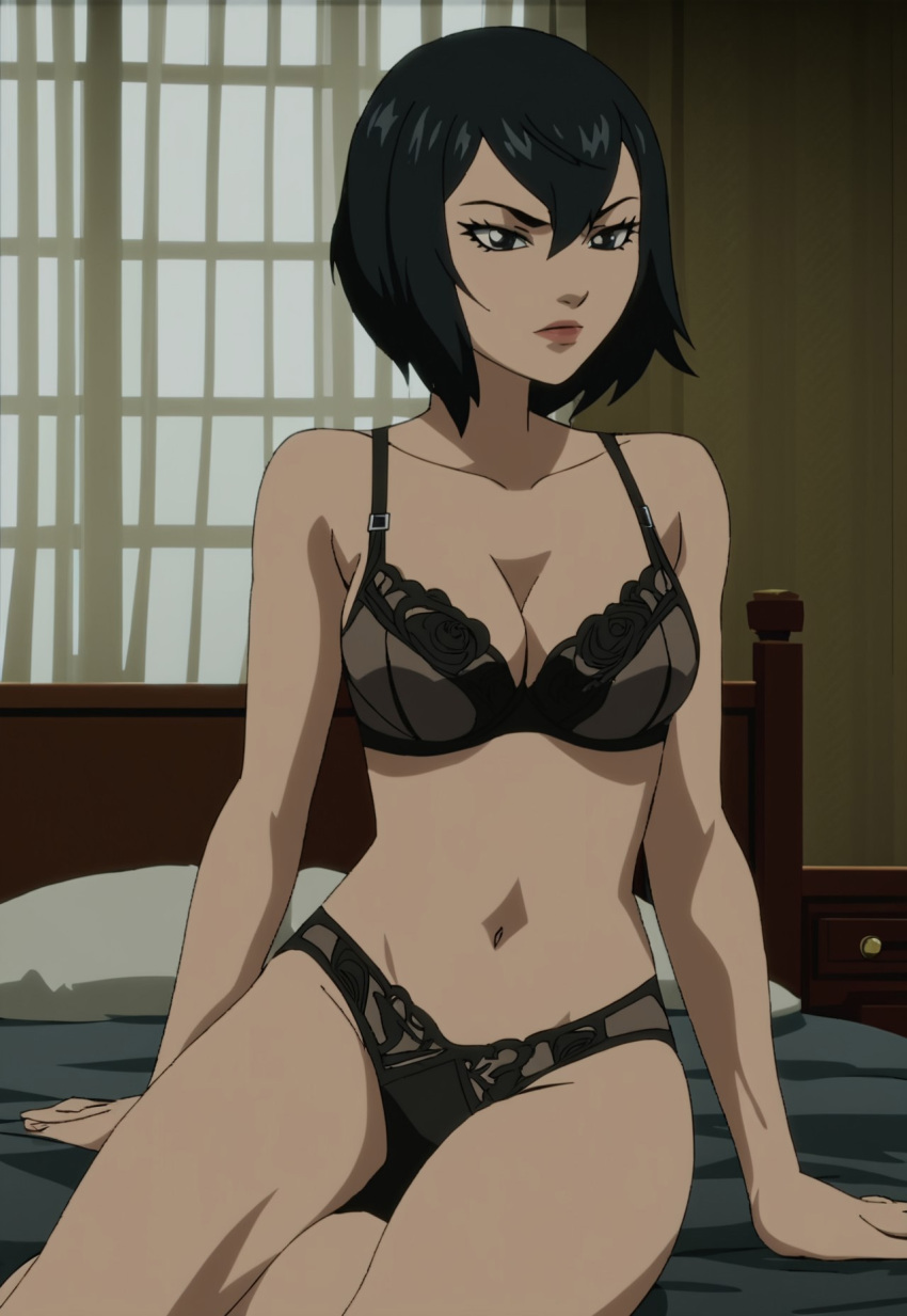 ai_generated alexandra_trese black_hair female lingerie on_bed short_hair sitting solo trese