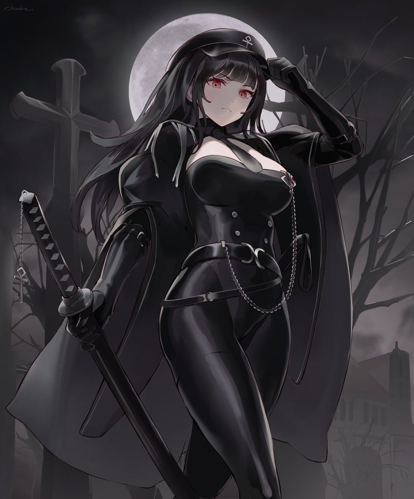 1girls belt big_breasts black_bodysuit black_hair blouse bodysuit breasts chowbie cleavage cross elbow_gloves eyelashes eyeliner eyeshadow female female_focus female_only frown full_moon gloves hat highres holding_sword katana large_breasts latex long_hair looking_at_viewer makeup moon necktie night original peaked_cap puffy_sleeves red_eyes shirt solo solo_female sword