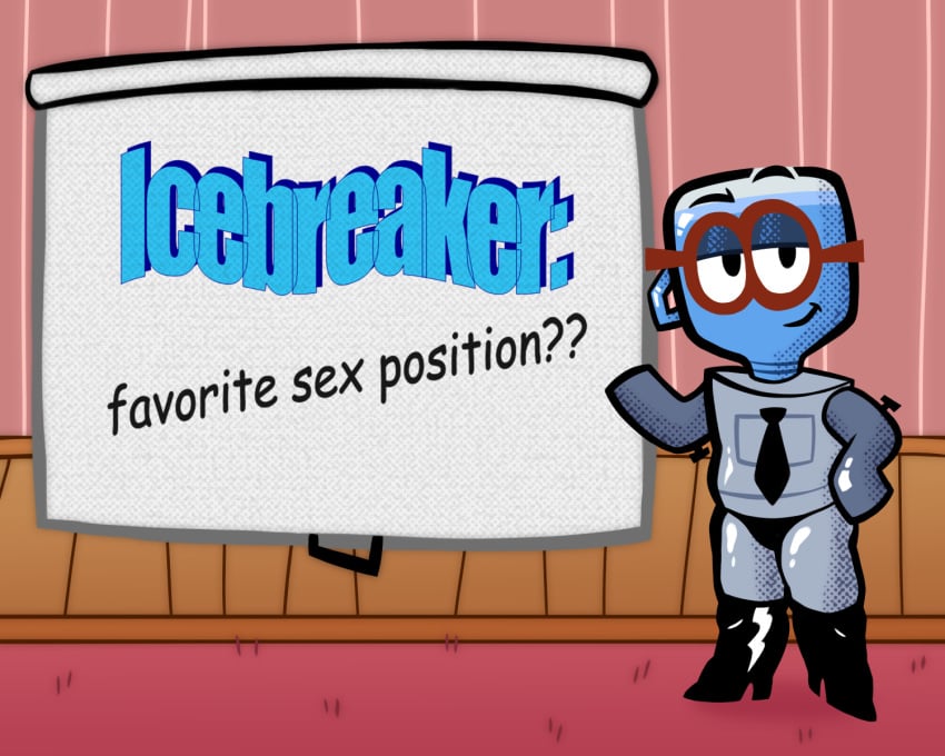 animate_inanimate anthro boots clothing eyewear footwear glasses hi_res jackbox_games job_job knee_boots knee_highs legwear m._bubbles necktie projector sexylinguini shoes smile smirk solo text the_jackbox_party_pack underwear water_cooler