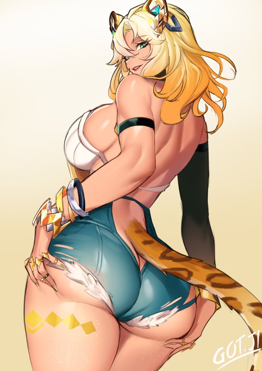 1girls 2024 animal_ears animal_tail armwear ass ass_focus big_ass big_breasts blonde_hair booty_shorts bracelet breasts clothed clothing female female_only genshin_impact gojich1 green_eyes hands_on_ass lipstick long_hair looking_at_viewer looking_back looking_back_at_viewer ring ring_(jewelry) shorts standing tail tan-skinned_female tan_body tan_skin thick_ass thick_thighs torn_clothes torn_clothing wide_hips xilonen_(genshin_impact)