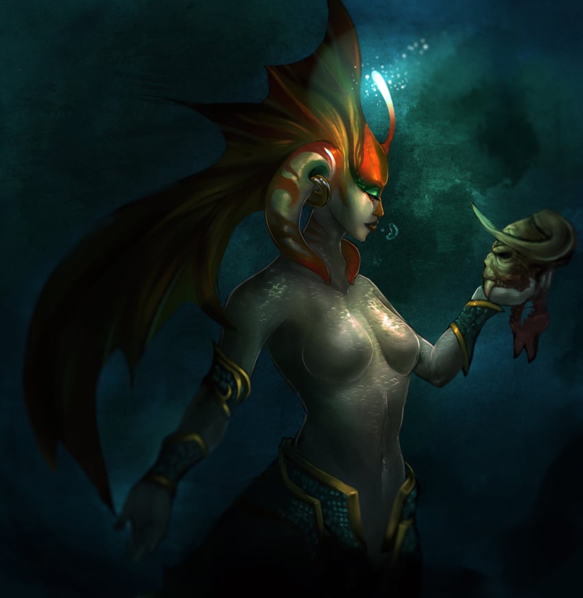 absurd_res alternate_version_at_source breasts chumbasket clothed clothing featureless_breasts female female_humanoid forked_tongue frill_(anatomy) gore head_crest head_frill hi_res holding_skull humanoid markings mouth_closed narrowed_eyes navel orange_markings scales simple_background solo tongue topless white_body white_scales