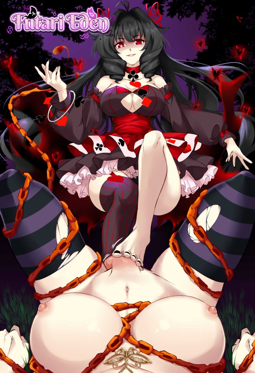 black_hair black_toenail_polish breasts butterfly_hair_ornament butterfly_necklace chains collar damaged_clothes defeat defeated defeated_heroine dress feet flaccid flaccid_cock flaccid_penis foot_fetish footjob futa_on_futa futanari futari_eden game_cg hair_ornament heart lingerie_panties logo lostia_works lostiaworks magic malice_eden melting_clothes painted_nails painted_toenails queen_scoria red_eyes ribbon scorpio_(symbol) stockings striped_legwear striped_stockings submissive_pov thighs xia00nahayo