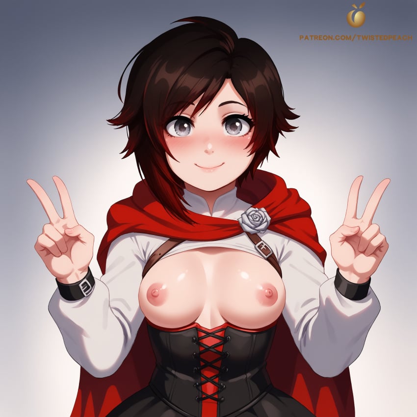 ai_generated black_hair clothed clothing double_v female flashing flashing_breasts open_shirt patreon peace_sign red_highlights ruby_rose rwby silver_eyes tagme twistedpeach visible_nipples