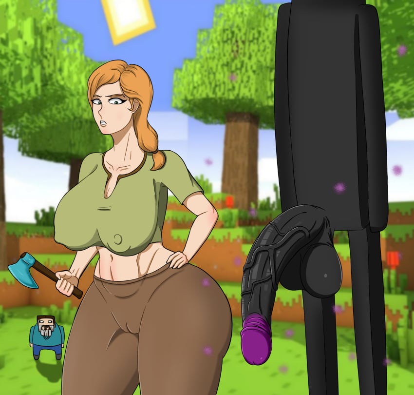 alex_(minecraft) big_breasts big_penis character_in_background enderman green_eyes imminent_sex jack_black large_penis minecraft minecraft_mob parlona28 purple_penis pussy steve_(minecraft) tagme thick_penis thick_thighs veiny_penis