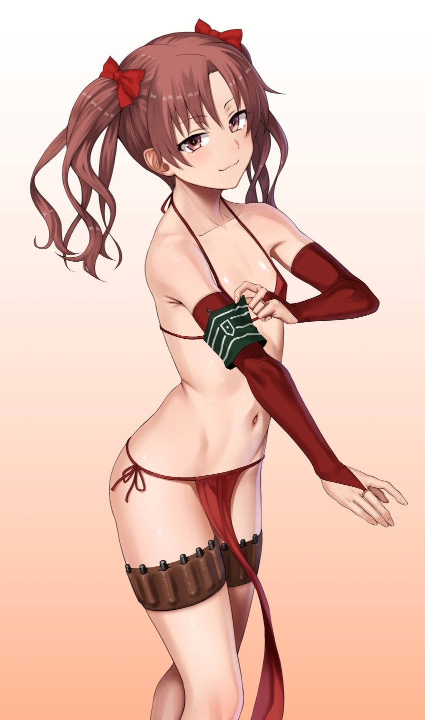 1girls absurdres armband bikini blush bridal_gauntlets brown_eyes brown_hair female flat_chest gradient_background green_armband highres holster long_hair navel orochi_itto pelvic_curtain red_bikini second-party_source shirai_kuroko smile solo swimsuit teenage_girl teenager thigh_holster to_aru_kagaku_no_railgun to_aru_majutsu_no_index twintails young