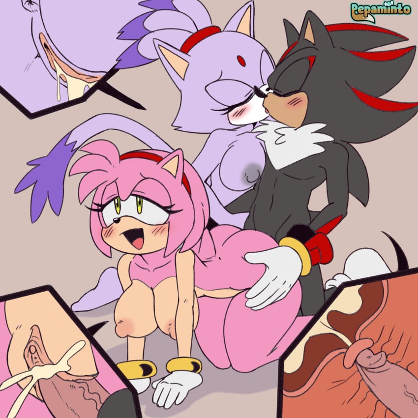 1boy 2girls amy_rose anthro anthro_on_anthro anthro_only anthro_penetrating_anthro anthrofied areolae artist_name big_breasts blaze_the_cat blush breasts clitoris closed_eyes cum cum_in_pussy cum_inside cum_leaking doggy_style eulipotyphlan feline female ffm_threesome fur furry gloves green_eyes hedgehog implied_impregnation impregnation kissing large_breasts lavender_fur male mammal medium_breasts nipples on_all_fours open_mouth penetration penis penis_in_pussy pepamintop pink_fur purple_fur sega sex sex_from_behind shadow_the_hedgehog sonic_(series) sonic_the_hedgehog_(series) straight threesome vagina vaginal_penetration vaginal_sex white_gloves wholesome x-ray