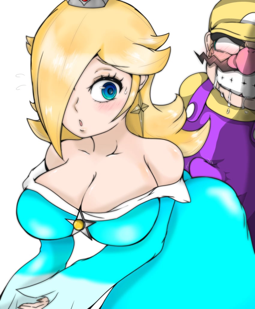 1boy 1girls bent_over blonde_hair blue_dress blue_eyes blush boner breasts cleavage clothing duo ear_piercing erection facial_hair female grin hair_over_one_eye hat human long_hair male male/female mario_(series) moustache nintendo princess princess_rosalina purple_overalls royalty saliva saliva_drip smile unknown_artist wario white_background yellow_hat yellow_shirt