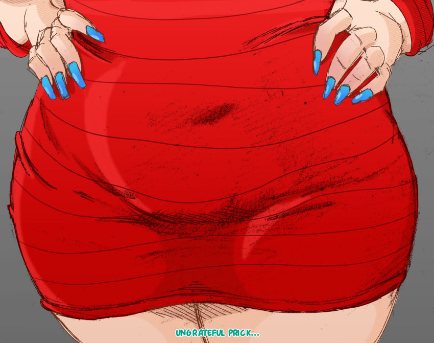 1girls afro baby_bump belly belly_button belly_focus bulma_(afro) bulma_briefs bulma_briefs_(androids'_saga) child_bearing_hips clothed dragon_ball_z fingernails hand_on_hip hips insult navel navel_visible_through_clothes old_quality potbelly pregnant thick_thighs thighs weener72 wide_hips