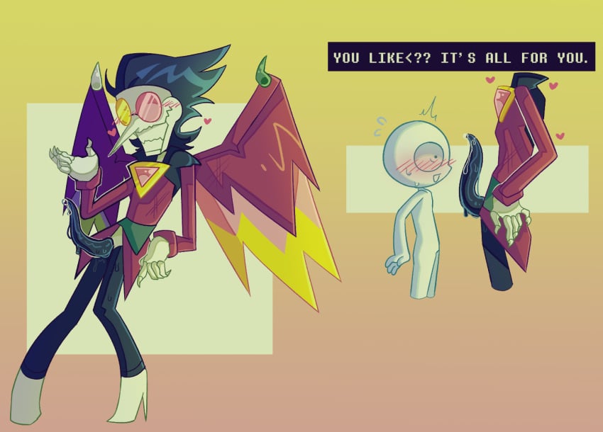 1ambiguous 1boy ambiguous_fluids ambiguous_gender black_hair blush deltarune deltarune_chapter_2 greedyghoul precum size_difference spamton_g_spamton spamton_neo sweat sweatdrop tentacle tentacle_penis text white_body wings